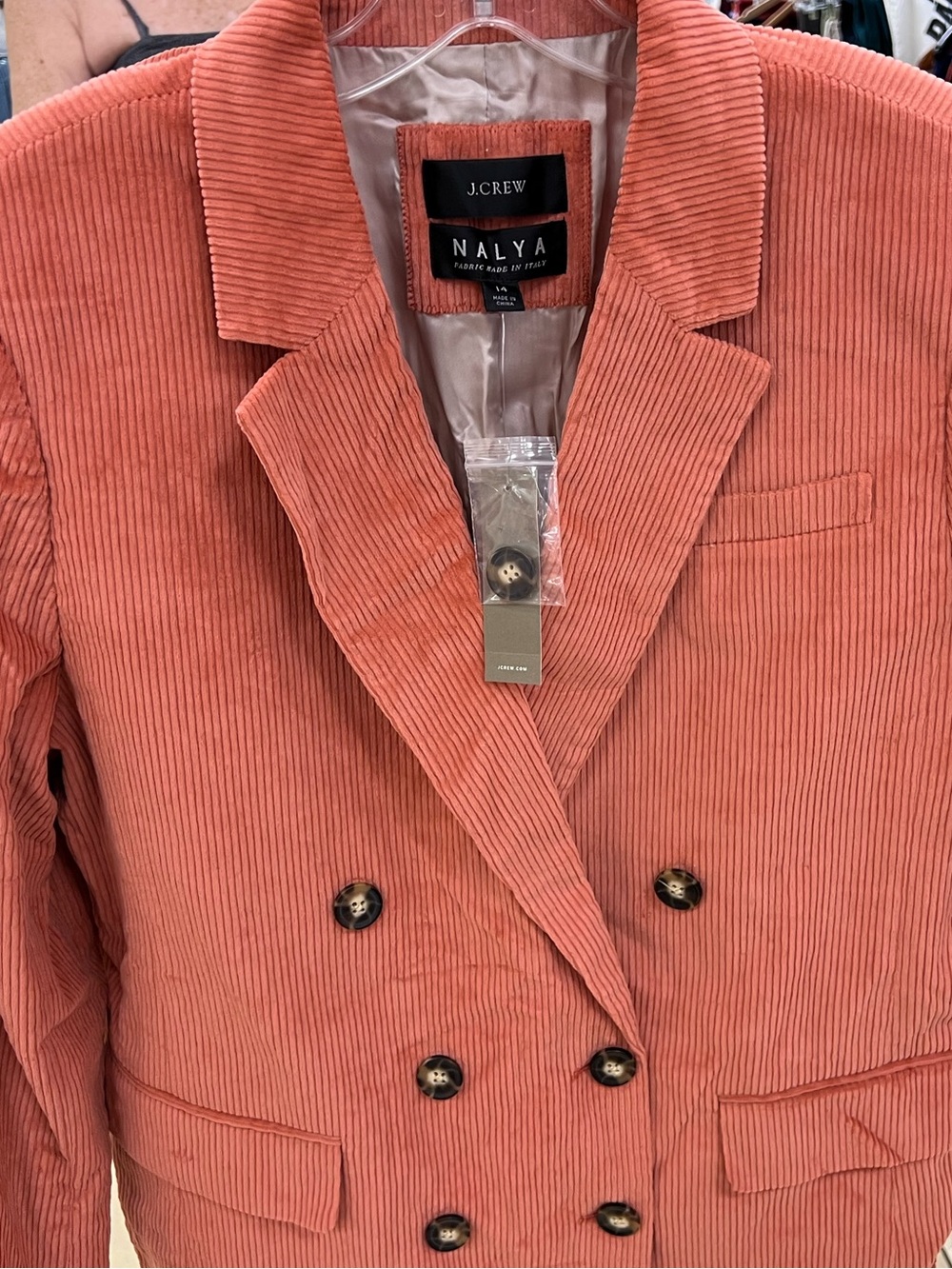 J. Crew Nalya Double-Breasted Corduroy Blazer in Coral